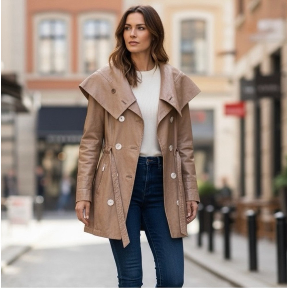 Sportmax Nappa Lambs Leather Double Breasted Cinch Shawl Collar Trench Coat US 8
